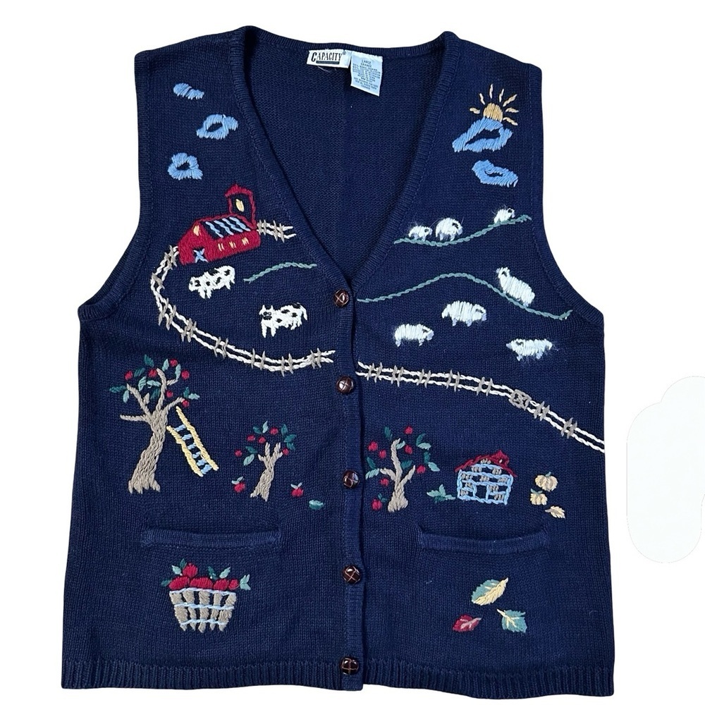 Vintage Farm Scene Knit Embroidered Sweater Vest Large Blue Sheep Cottagecore